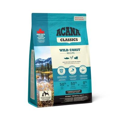 ACANA Classics Wild Coast fish-based dry dog food in a 14.5 kg bag, featuring high-quality ingredients for healthy dogs.