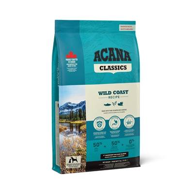 ACANA Classics Wild Coast fish-based dry dog food bag, 14.5 kg, showcasing the product's packaging and branding.