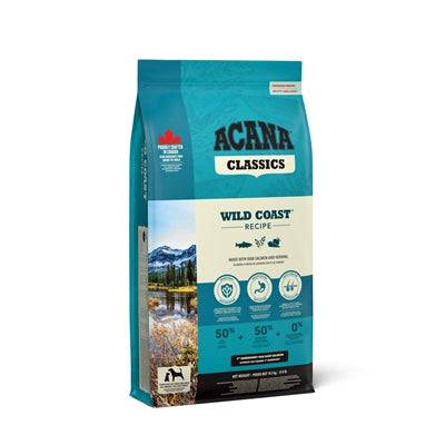 ACANA Classics Wild Coast dry dog food in a 14.5 kg bag, featuring a fish-based formula for healthy canine nutrition.