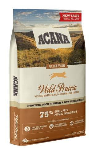 Dry cat food by ACANA Wild Prairie in a 4.5 kg bag, featuring natural ingredients and nutritious formula for cats.