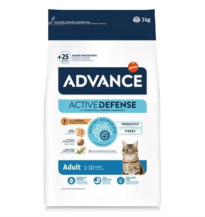 Advance Cat Adult Chicken & Rice dry cat food in 3 kg bag with kibble pieces, designed for adult cats.