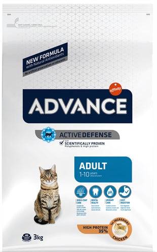 Advance Cat Adult Chicken & Rice dry food in a 3 kg bag, featuring high-quality ingredients for adult cats.