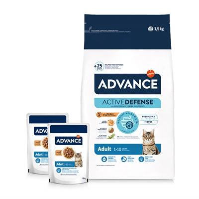 Advance Cat Adult Chicken & Rice dry cat food with 2 chicken pouches, 1.5 kg, featuring natural ingredients and balanced nutrition