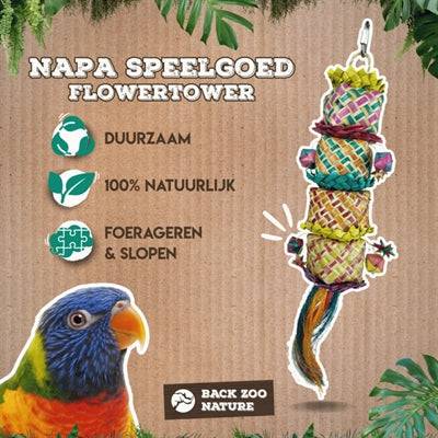 Back Zoo Nature Flower Tower bird toy, 45x7x7 cm, designed for cage enrichment and bird entertainment.