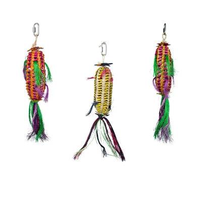 Back Zoo Nature Melon Pinata bird toy showing colorful fabric and hanging bell, designed for bird enrichment and entertainment.