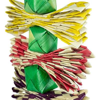 Back Zoo Nature palm leaf tower bird toy showing a natural wooden and palm leaf design for cage play and enrichment.