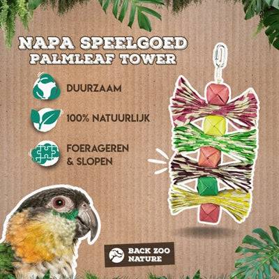 Back Zoo Nature palm leaf tower bird toy, 28x12x3 cm, natural palm leaves for bird enrichment and play.