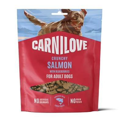 Carnilove Salmon and Blueberries crunchy dog treats in a 200g package, natural pet snacks for dogs.