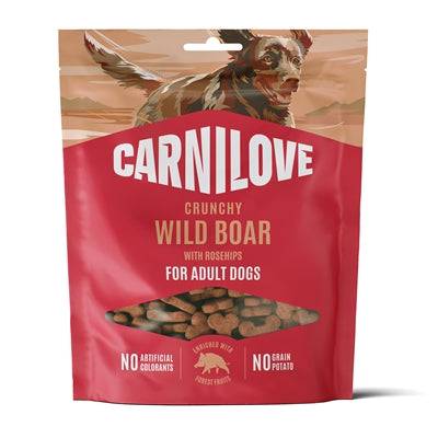 Carnilove Crunchy Dog Treats with Wild Boar and Rosehip in 200g package, natural snack for dogs.