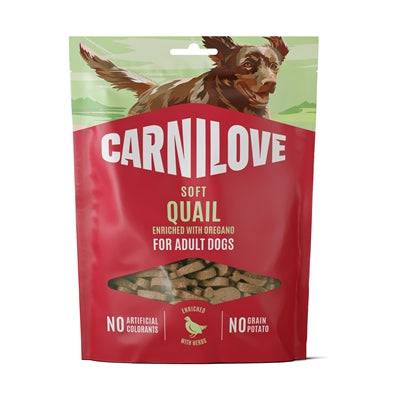 CARNILOVE soft dog treats with quail and oregano in a 200g package, showing the flavorful, natural snack for dogs