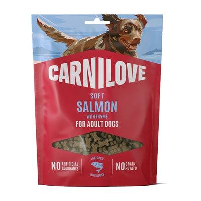 Carnilove Salmon and Thyme soft dog treats in 200g package, showing the flavorful, natural dog snacks with salmon and thyme ingredients.