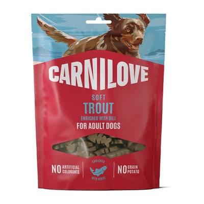 Carnilove Soft Snack Trout and Dill dog treats in 200g package, showing the tasty, natural dog treats with fish and dill flavor.