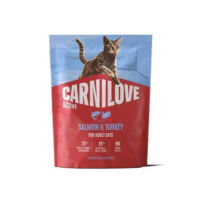 CARNILOVE Active Adult dog food with salmon and turkey in a 400g package, suitable for all breeds.