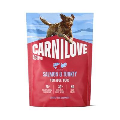 Carnilove Active Adult dog food with salmon and turkey, 400g pack, high-quality CARNILOVE brand for all breeds.