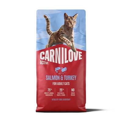 CARNILOVE Active Adult Dog Food with salmon and turkey, 400g pack showing the product packaging and ingredients.