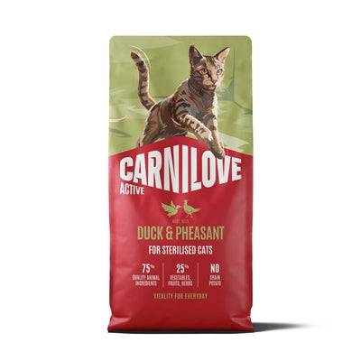 CARNILOVE Active Adult sterilized dog food with duck and pheasant, 400g package, suitable for all breeds and adult dogs.
