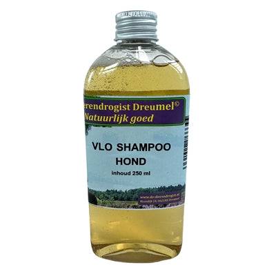 Dierendrogist Flea Shampoo for Dogs, 250 ml, natural dog flea shampoo in a white bottle with label and cap
