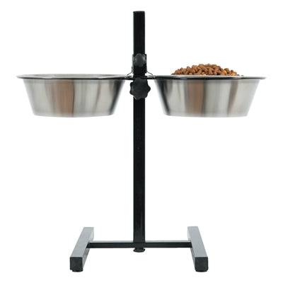 Easypets Zolux adjustable stainless steel food and water bowl stand with two 1.5-liter bowls on a metal stand.