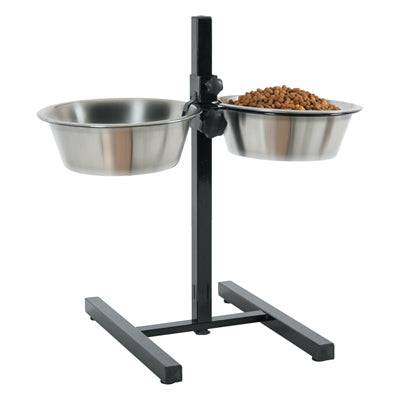 EasyPets Zolux adjustable stainless steel food and water bowl stand with two 1.5L bowls and non-slip mat, 21 cm tall.