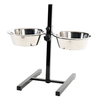 EasyPets Zolux adjustable stainless steel food and water bowl stand with two 1.5L bowls, height-adjustable, non-slip mat.