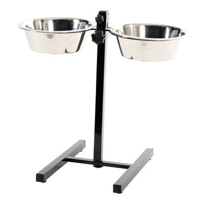 EASYPETS Zolux adjustable stainless steel food and water bowl stand with two 1.5-liter bowls on a metal frame.