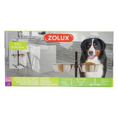 EasyPets Zolux adjustable stainless steel food and water bowl stand with two 1.5L bowls on a sturdy mat stand.