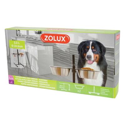 EasyPets Zolux adjustable stainless steel food and water bowl stand, 2x1.5L, with non-slip mat, 21cm height, durable stainless steel.