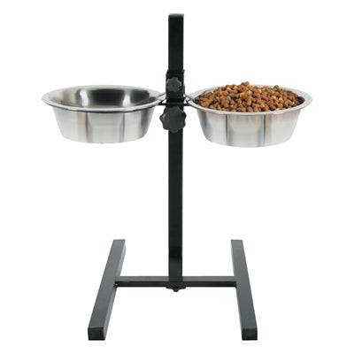 Easypets Zolux stainless steel adjustable food and water bowl stand with two 1.5L bowls on a metal stand, 21 cm tall.