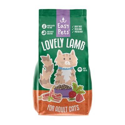 Easypets Lovely Lamb adult cat food in 1.5 kg bag, EasyPets brand, showing the packaging of this lamb-flavored dry cat food.
