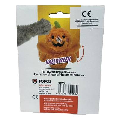 Fofos Halloween swinging pumpkin decoration with spooky face, hanging from a string, perfect for Halloween festive decor.