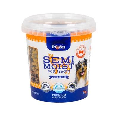 FRIGERA Soft Treats Bones Lamb and Rice MJUKA SNACKS for dogs, showing the soft, bone-shaped treats in a package.