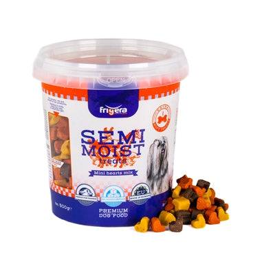 Frigera Soft Treats Mini Hearts Mix for pets in 500g pack, soft snacks with heart-shaped pieces from Frigera brand.