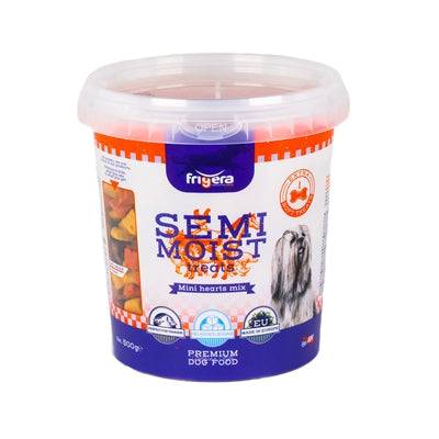Frigera Soft Treats Mini Hearts Mix in 500g package, soft snacks for pets, featuring a colorful assortment of heart-shaped treats.