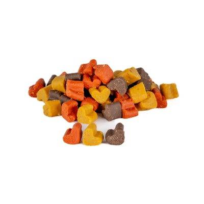 Frigera Soft Treats Mini Hearts Mix in a 500g bag, soft snacks for pets, featuring colorful heart-shaped pieces.