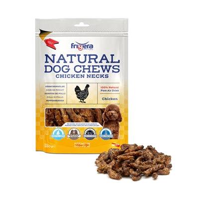 Dried chicken necks snack from Frigera, 250g package, natural dog treat with crunchy texture for pets.