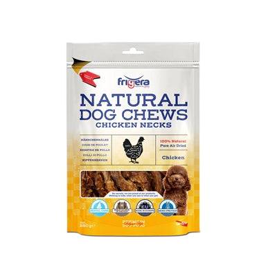 Dried chicken neck snack from Frigera, 250g, with visible chicken pieces on a plain background, ideal for pet treats.