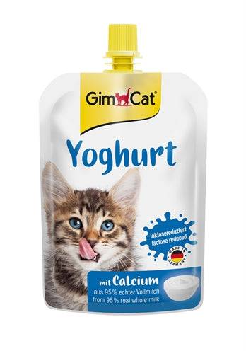 GimCat Yogurt Pouch for Cats, 150g soft snack in a pouch, featuring creamy yogurt for feline treats