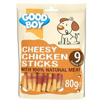 Good Boy Cheesy Chicken Sticks for dogs, 80g, featuring crunchy dog treats from the GOOD BOY SNACKS TUGG line.