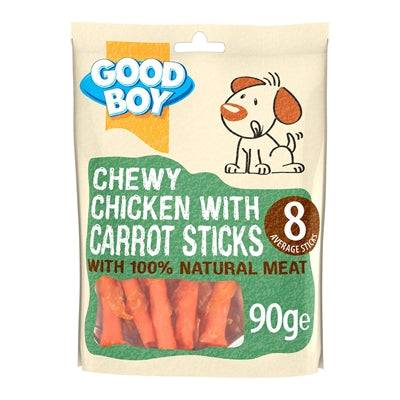 Good Boy Chicken & Carrot Sticks snacks for dogs, 90g package, natural dog treats with chicken and carrot flavor.