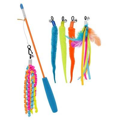 Happy Pet Tabby Patch Cat Teaser Wand with five colorful toys, perfect for engaging and entertaining cats.