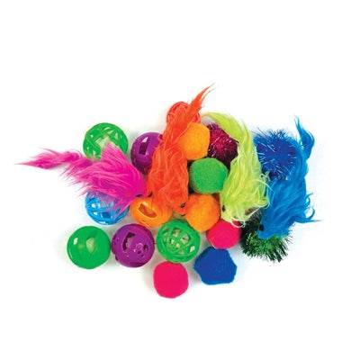 Happy Pet Tabby Patch Variety Pack with 24 colorful cat toys, perfect for stimulating and entertaining cats.
