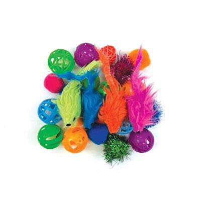 Happy Pet Tabby Patch cat toy variety pack with 24 colorful toys for cats, featuring playful designs and soft textures.
