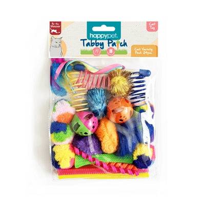 Happy Pet Tabby Patch cat toy variety pack with 24 colorful toys, perfect for entertaining and stimulating cats.