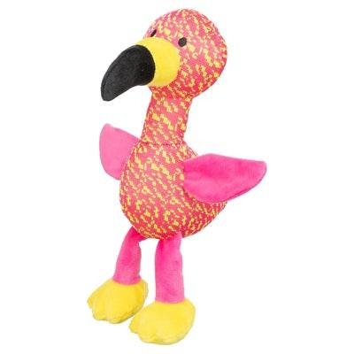 Pink and yellow Trixie Flamingo fabric toy for pets, measuring 32x12x11 cm, with soft, colorful feathers and playful design.