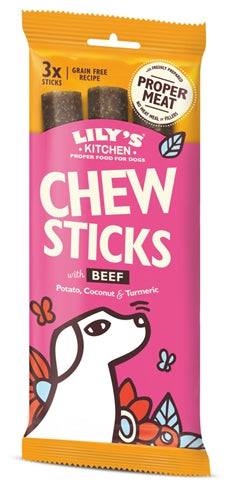 Lily's Kitchen Beef Chew Sticks for dogs, 120g, 3-pack, natural dog treats with beef, ideal for chewing and rewarding pets.