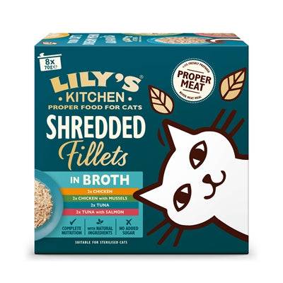 Lily's Kitchen shredded fillets wet dog food multipack with 8 cans of 70g each, natural, high-quality pet nourishment.