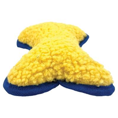 Minions canvas squeaky dog toy in blue and white with bone shape, measuring 21x14.2x5 cm, from Minion brand.