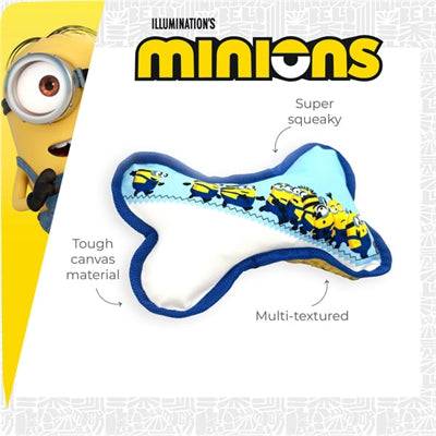 Minions canvas squeaky bone toy in blue and white, 21x14.2x5 cm, ideal for dogs, branded MINION, colorful and durable pet chew toy.