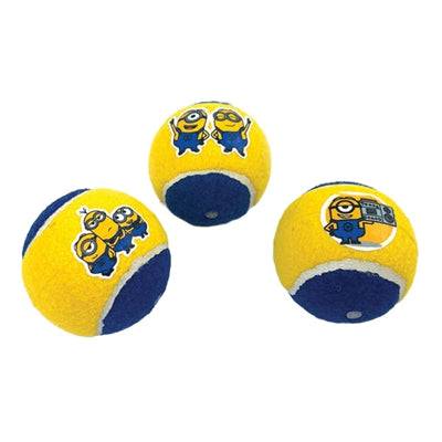Yellow and blue Minions squeaky tennis balls for dogs, 6.5 cm, featuring Minion characters and fun squeaky sound.
