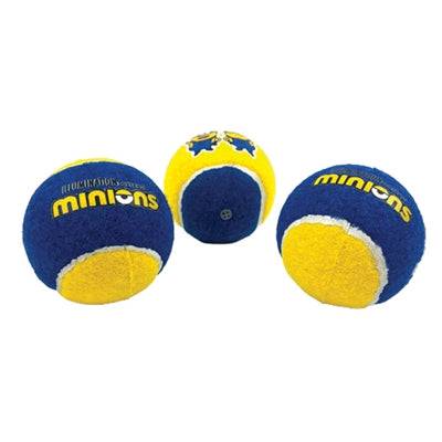 Yellow and blue Minions squeaky tennis balls for dogs, 6.5 cm, featuring Minion branding and playful design.